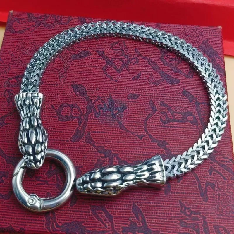 Vintage Carved Silver Plated Men's Double Head Snake Bracelet, Cuban Chain, Hip Hop Trendy Spirit Snake Wrist Jewelry for Men