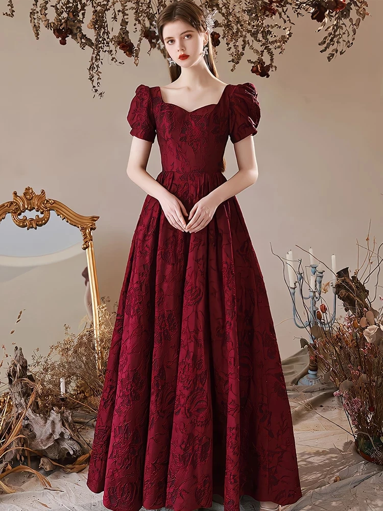 Customized Wine Red Satin Half Sleeve Evening Dresses For Wedding Party Elegant Square A-Line Floor-Length Bride Reception Gowns