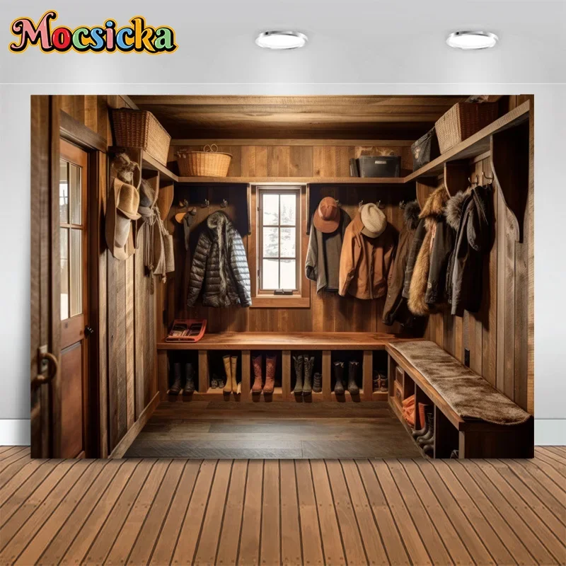 

Mocsicka Photography Backdrops Log Cabin Cloakroom Shoe Background Birthday Party Adult Kids Portrait Photo Studio Banner