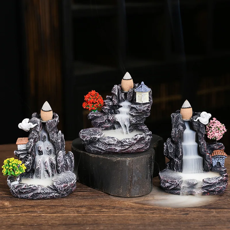 

Incense Burner Resin Mountains River Waterfall Fragrance Fireplace Backflow Aroma Smoke Zen Censer Holder Decoration for Home