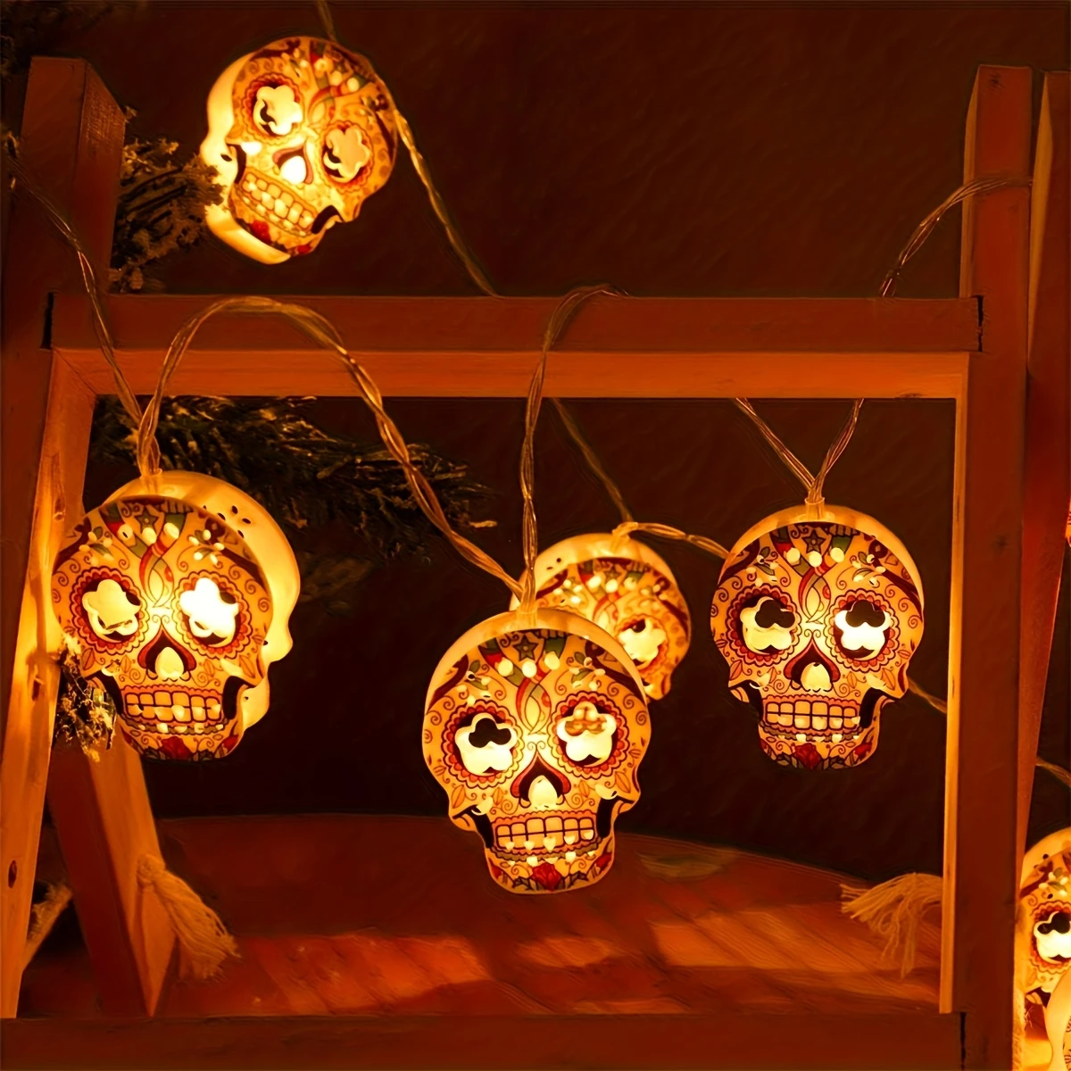 10leds Halloween Skull String Lights Floral Patterns Battery Powered Halloween Home Decor String lights Outdoor Decorative Light