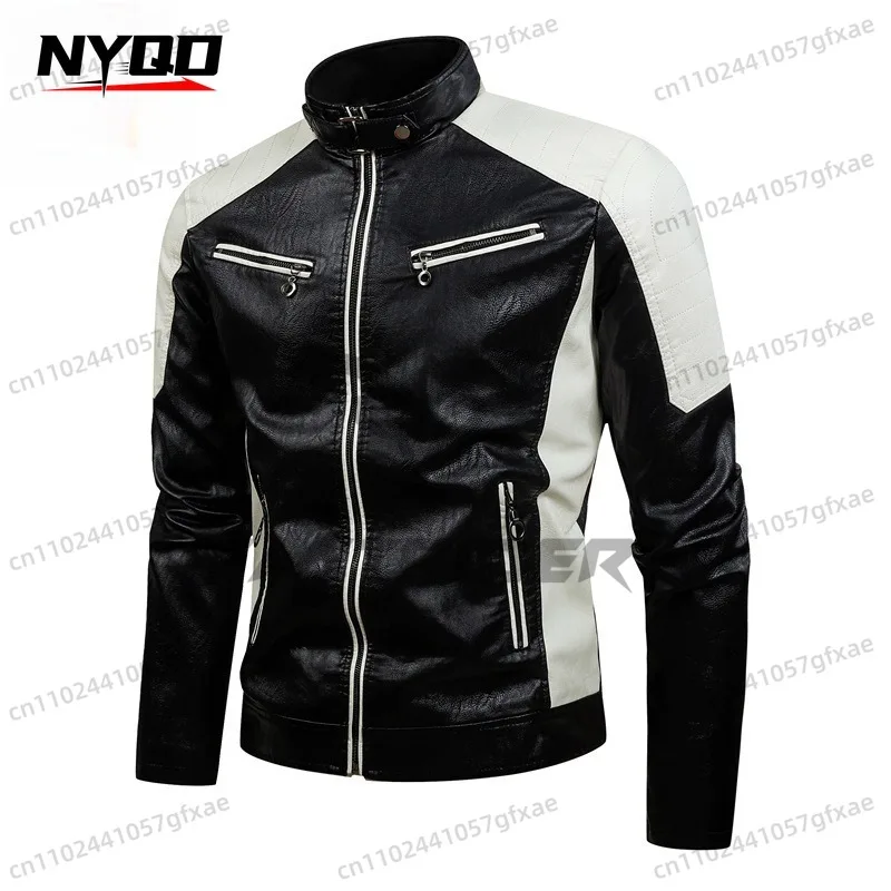 Motorcycle Riding Leather Jacket Color Stand-up Collar PU Leather Motorcycle Jacket Spring Autumn Thin Casual Leather Jacket