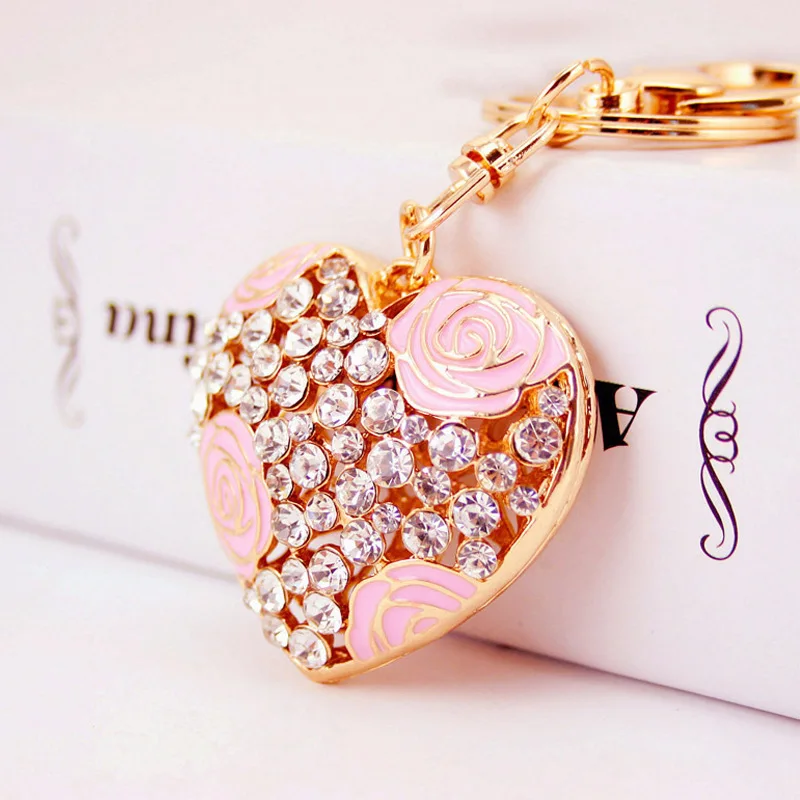 Heart Shape Rose Keychain Valentine Gift Rhinestone Crystal Keyring Car Key Chain Women Men Bag Pendant Hanging Decoration