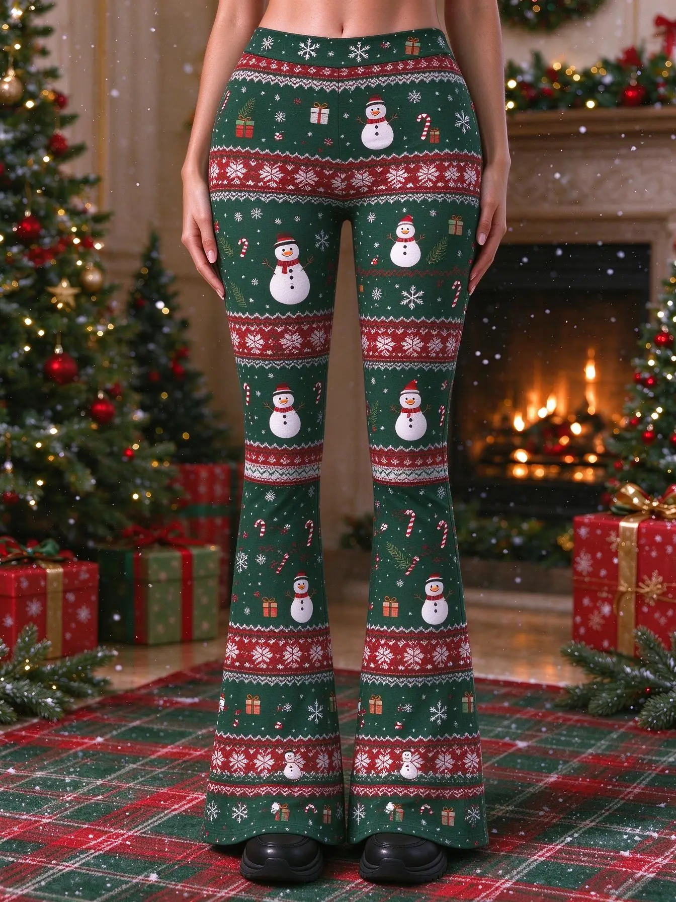 Women Mid-Rise Slim Flared Pants Christmas Snowman Candy Cane Snowflake Gift Fair Isle Print Stretch Bell Bottoms