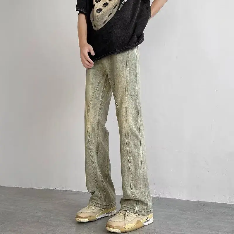 

High Street Vibe Washed Vintage Jeans for Men Ins Trendy Brand Versatile Straight Leg Wide Leg Yellow Mud Dyed Pants