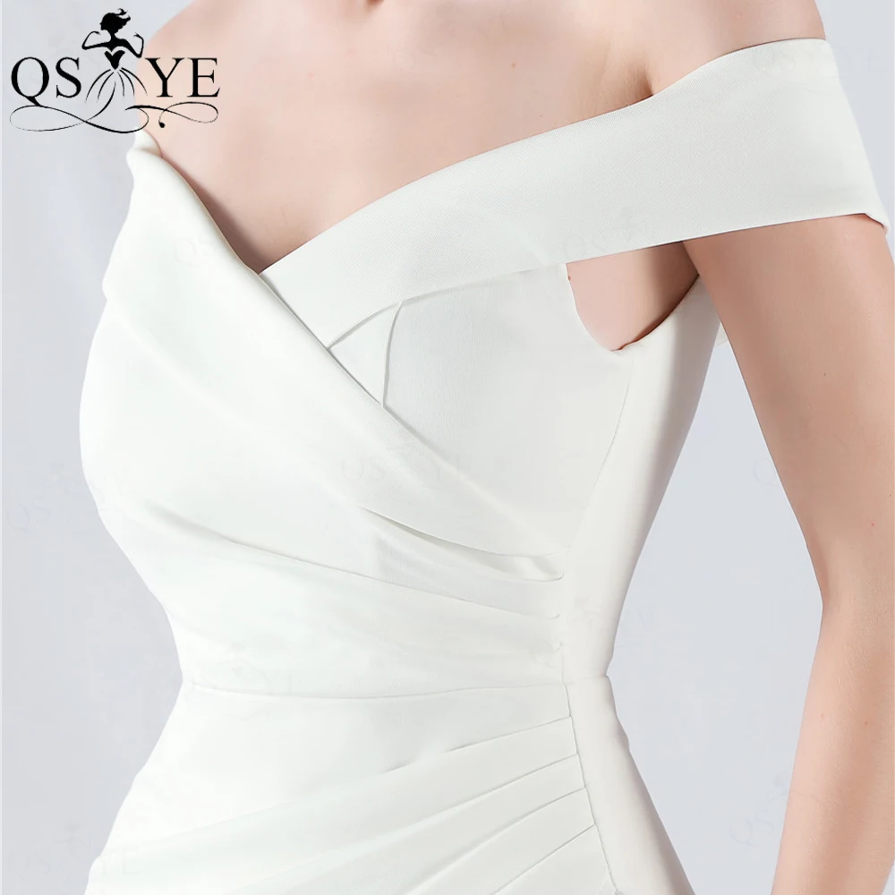 QSYYE White Evening Dresses Elastic Mermaid Off Shoulder Simple Formal Gown Strapless Neck Crisscross Fit Ruched Prom Dress Slit