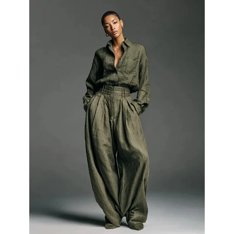 Conjunto feminino vintage de duas peças, elegante, camisa de manga comprida com bolso, calças largas, outono, verde militar, roupas soltas e chiques