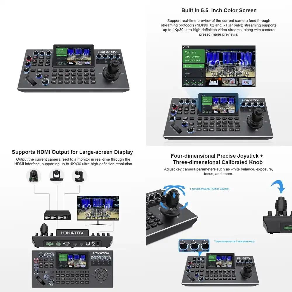 

Контроллер PTZ HDKATOV с 5,5-дюймовым ЖК-экраном и предпросмотром, 4K с выходом, IP-контроллер с джойстиком для церкви