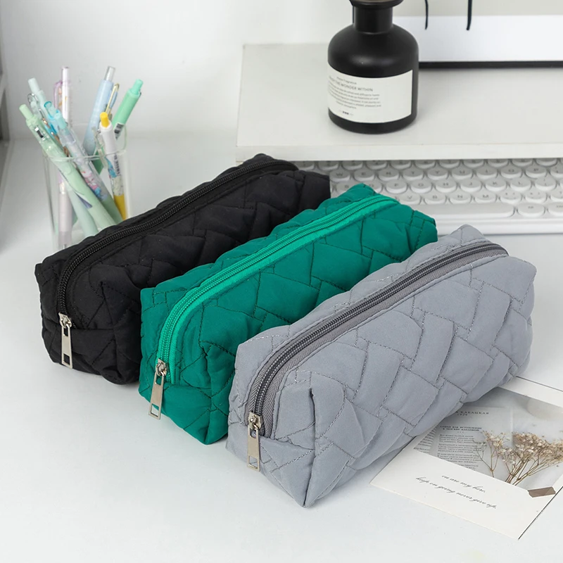 Simple Solid Color Quilted Pencil Case Cosmetic Bag Stationery Storage Pouch Large Capacity Organizer School Supplies