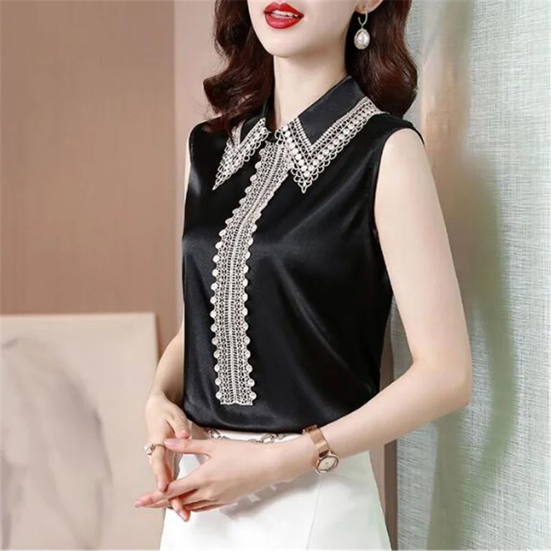 Satin Sleeveless Shirt for Women\'s Bloses Sleveless Summer Top Woman Pullover Lace Hollowed Out Blous Grace Silk Female Shirts