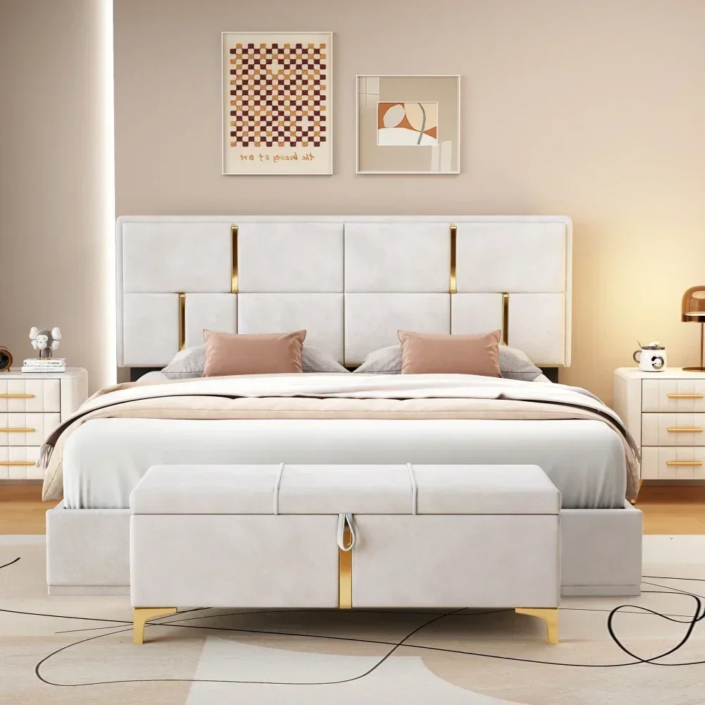 Upholstered Platform Beds with Storage System, Wood Bed Frame  Kids and Adults, foldable bed with mattress portable