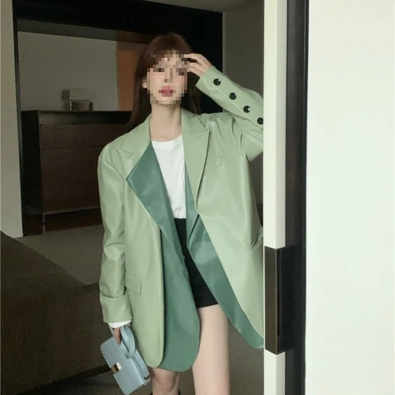 

splice false two-piece leather jacket suit coat Women's autumn winter new model Korean version long style loose leather jacket
