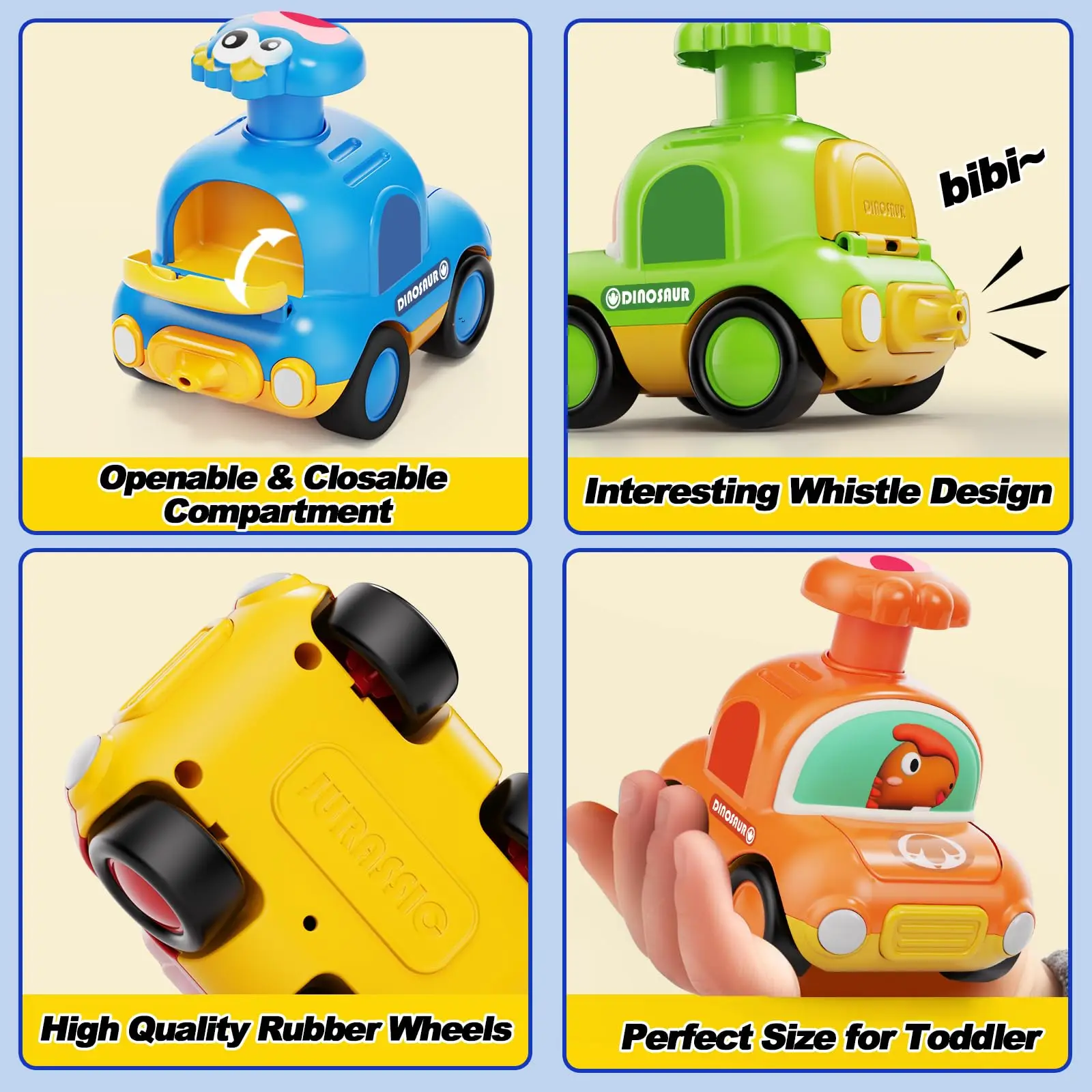 プレスゴー恐竜おもちゃタクシー車、18ヶ月以上向け、幼児用プッシュゴープレイビークル、プルバック摩擦車、イースターバスケット詰め物