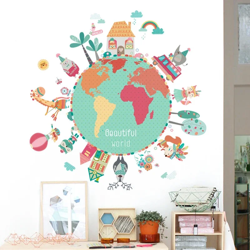 Cartoon creative earth stickers living room wall decor home decor wall sticker kids room decoration cute animal self-adhesive