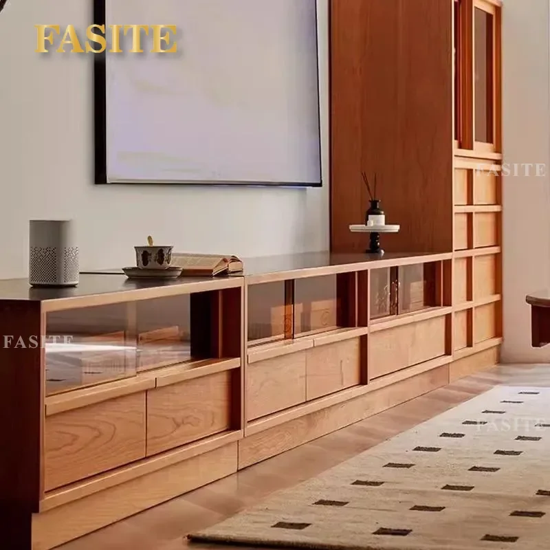 Solid Wood TV Stand Retro Small Apartment Storage Cabinet Modern Simple Living Room Coffee Table with Glass Door Low Unit