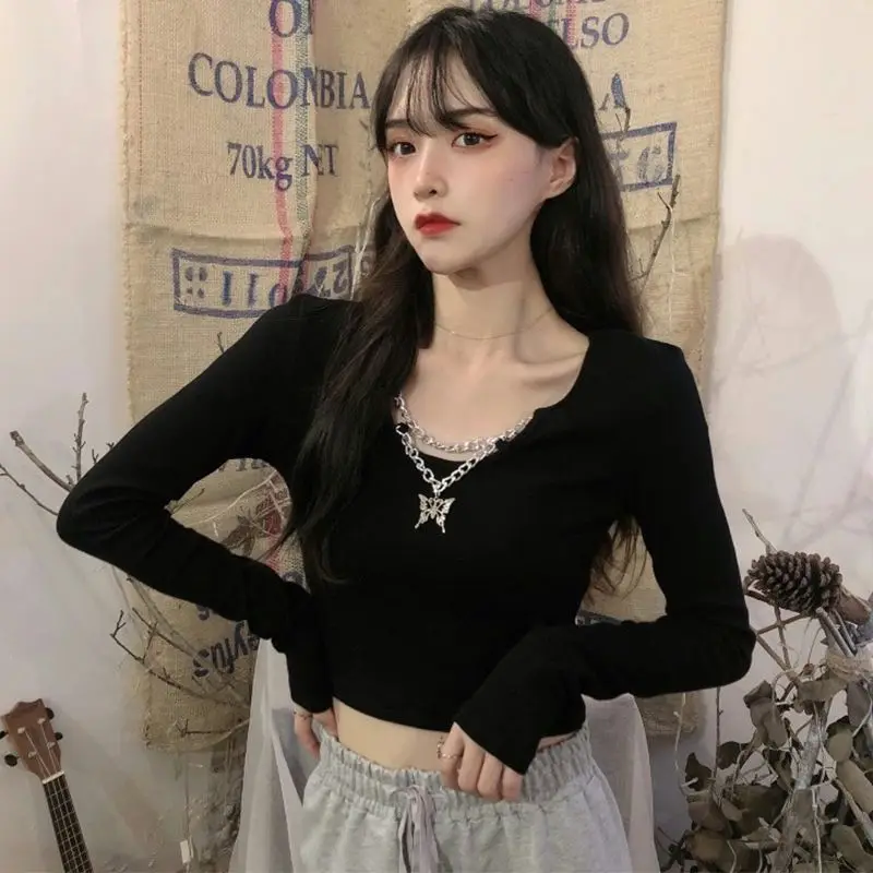 

Chain Black Short Long-Sleeved T-Shirt 2024 New Autumn Korean Style Slim Hot Girl Bottoming Design Tops Women