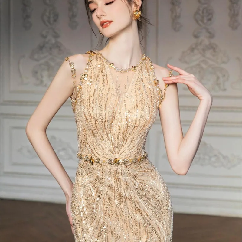 Golden Heavy industry banquet light luxury temperament sequin fishtail toasting dress