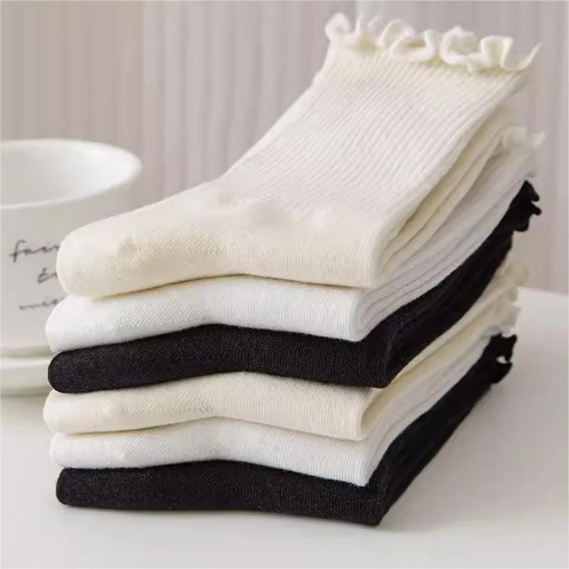 Lovely Wooden Ear Edge Pile Middle Tube Socks Women INS Style Kawaii Light Luxury Solid Color Ruffles Harajuku Cute Socks