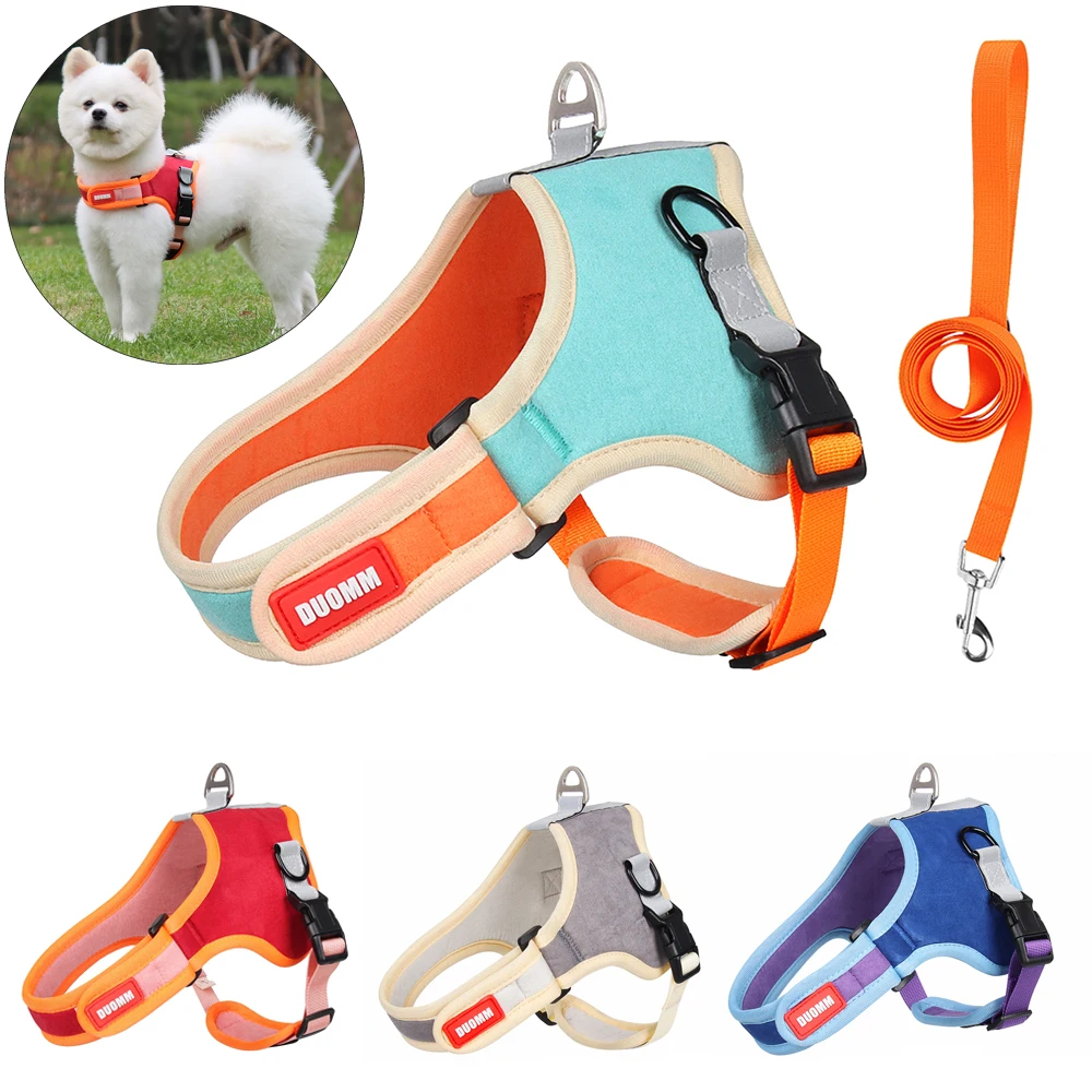 Saddle Dog Harness Suede Small Dog Harness and Leash Set Outdoor No Pull Reflective Breathable Adjustable Pet Harness Vest Strap