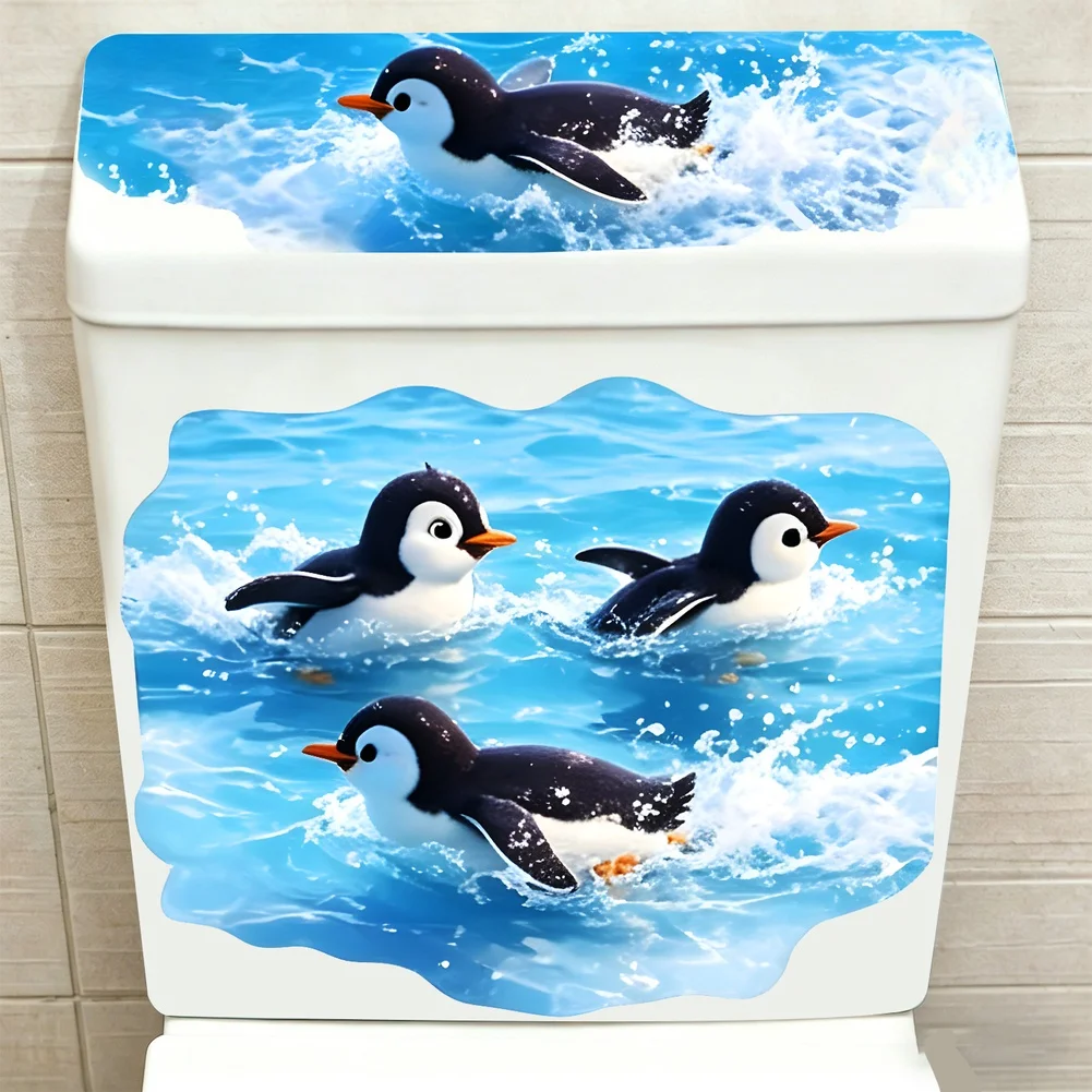 Penguin Design Toilet Sticker Made of Waterproof PVC Self Vinyl for Bathroom Seat Lid Tiles Glass and Refrigerator Use