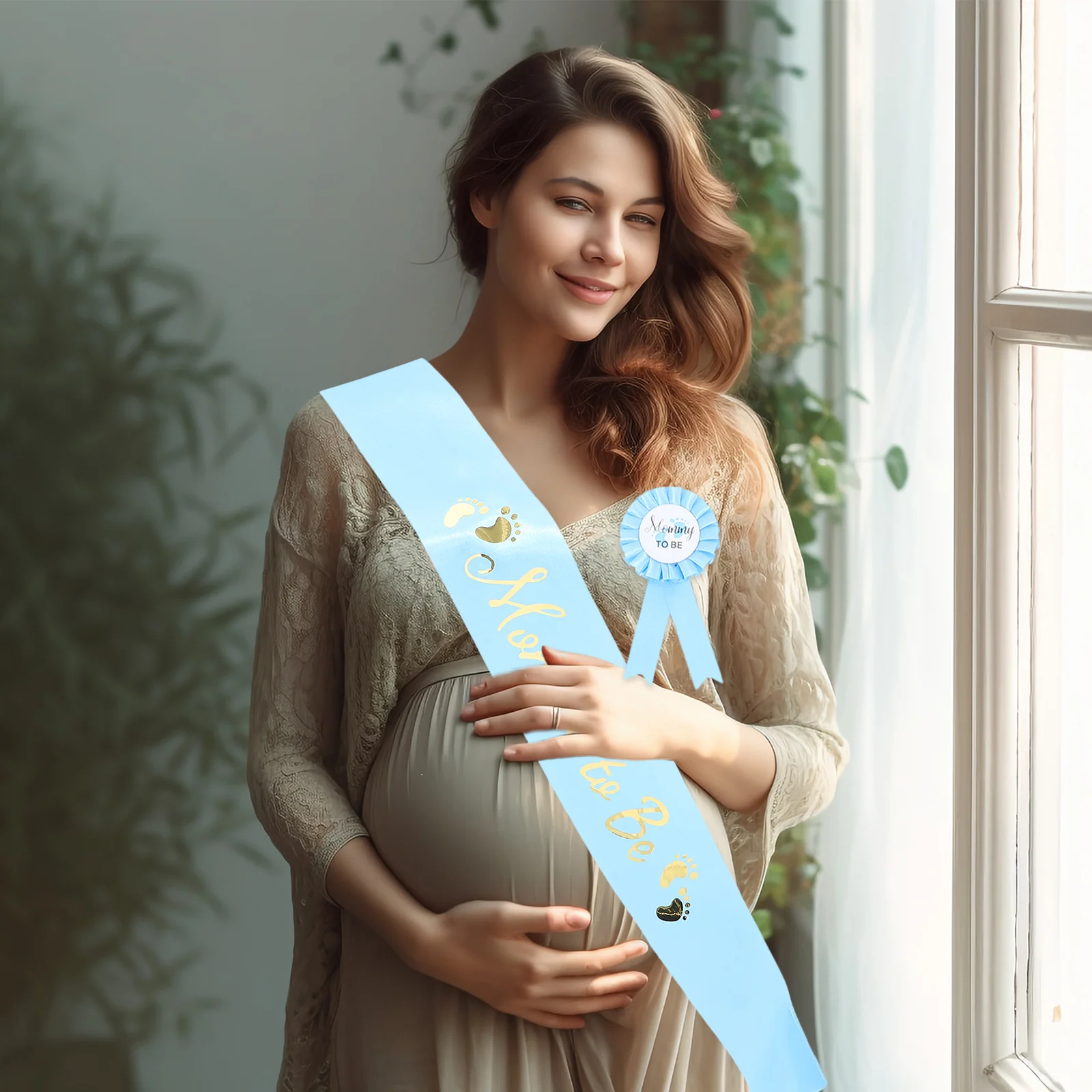 Baby Shower Sash Decoration Pin Maternity Belt Set Gift Badge Blue Pregnant Woman Mom Gifts