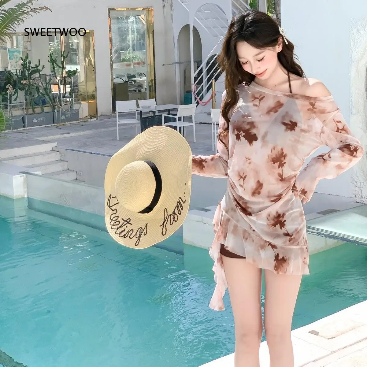 Women 3 Piece Tie Dye Swimsuit Set Long Sleeve Sheer Mesh Cover Up Dress Bikini Top And Boyshort Bottom For Swimming Pool