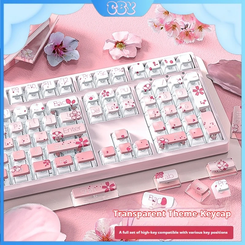 teclado mecanico gradiente keycap rosa transparente cherry blossom pbt sublimacao termica cristal personalizado 01