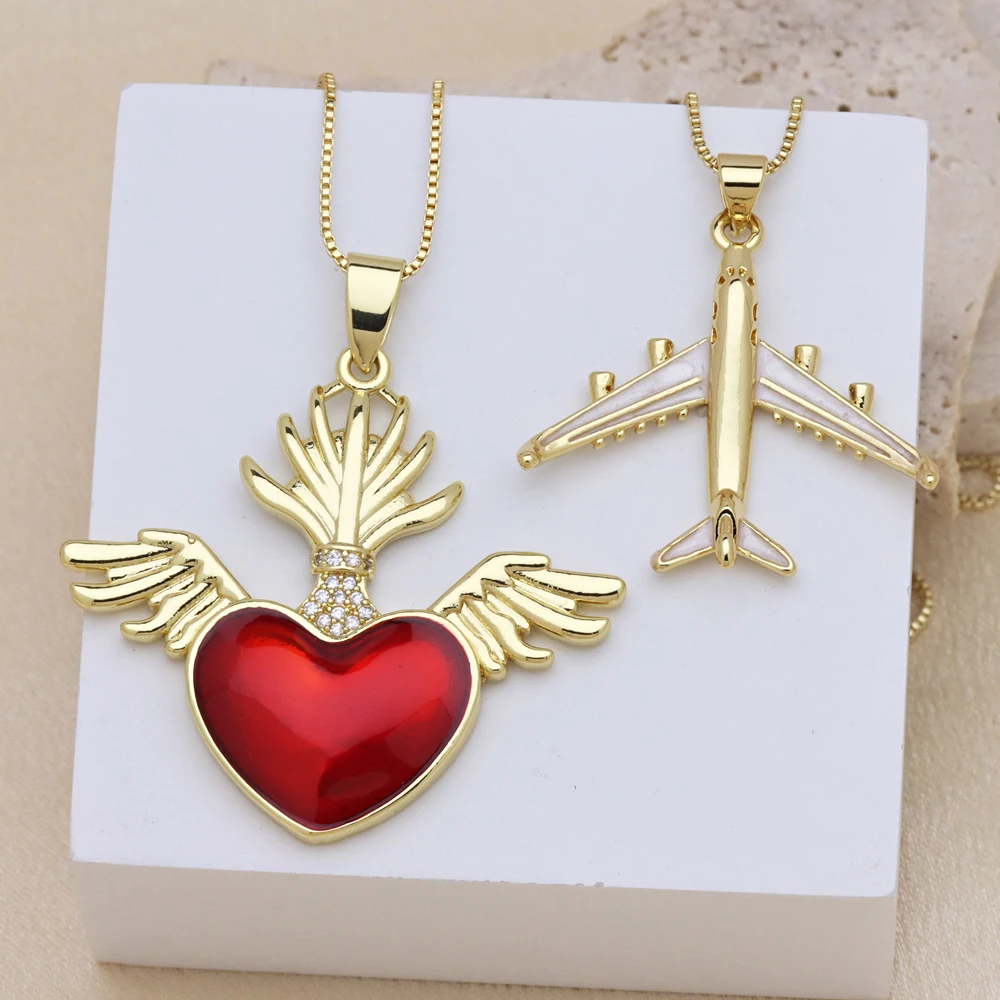 5 pcs/Lot Gold Plated Brass Enamel Pendant Necklace Two Tone Virgin Mary Winged Heart Airplane Charm Women Dainty Clavicle Chain