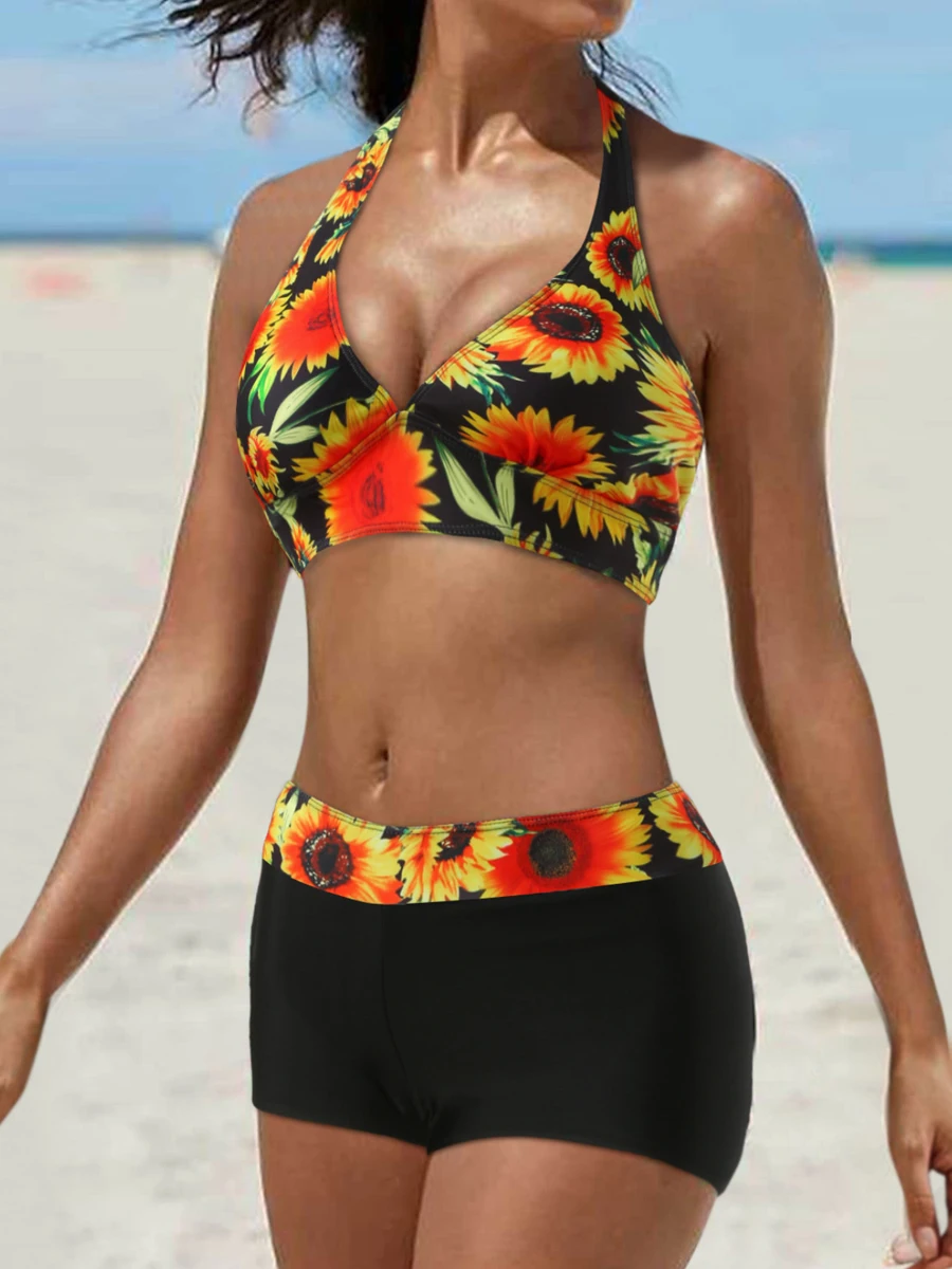 Bikini z wysoką talią 2023 kobiet Push Up strój kąpielowy sznurowane stroje kąpielowe letnie damskie Plus Size w kwiaty Halte kąpiące się kostium