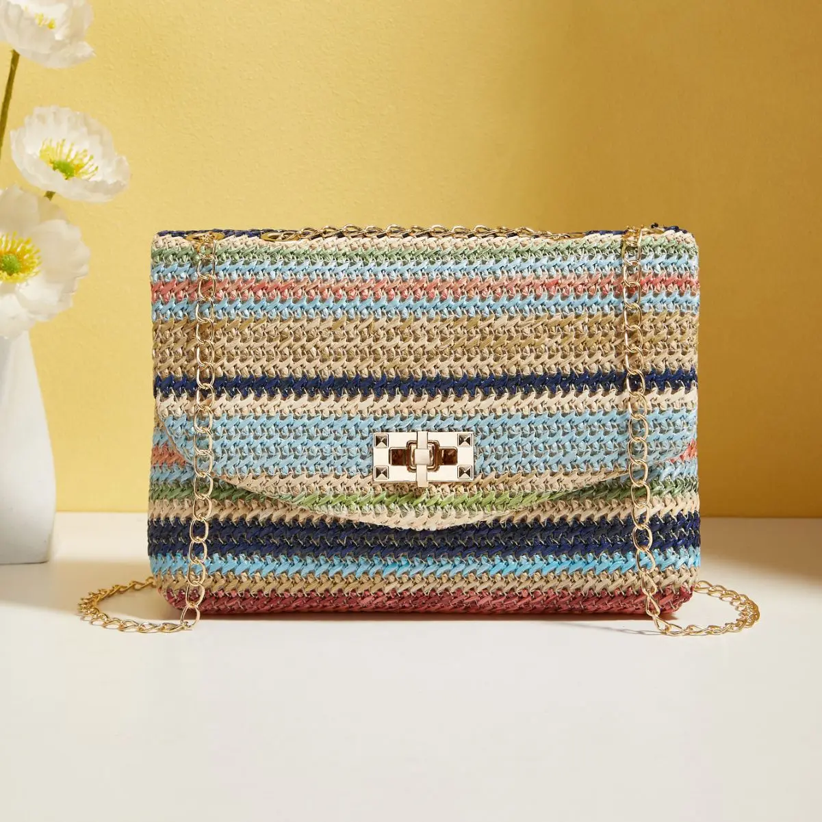 2024 Fashion Women's Crossbody Bag Grass Woven Women's Bag Lock Buckle Closed Simple Small Square Bag Casual Purses and Handbags