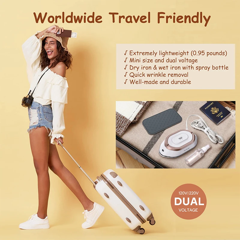 Portable Handheld Electric Dry Iron Mini Travel Garment Steamer with Ceramic Glaze Panel Safe 120V/220V Dual-voltage Global Use