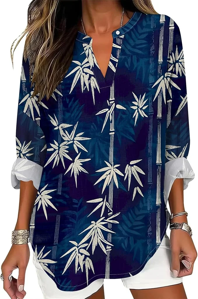 

Boho floral shirt women's V-neck vintage print relaxed loose fit work versatile top