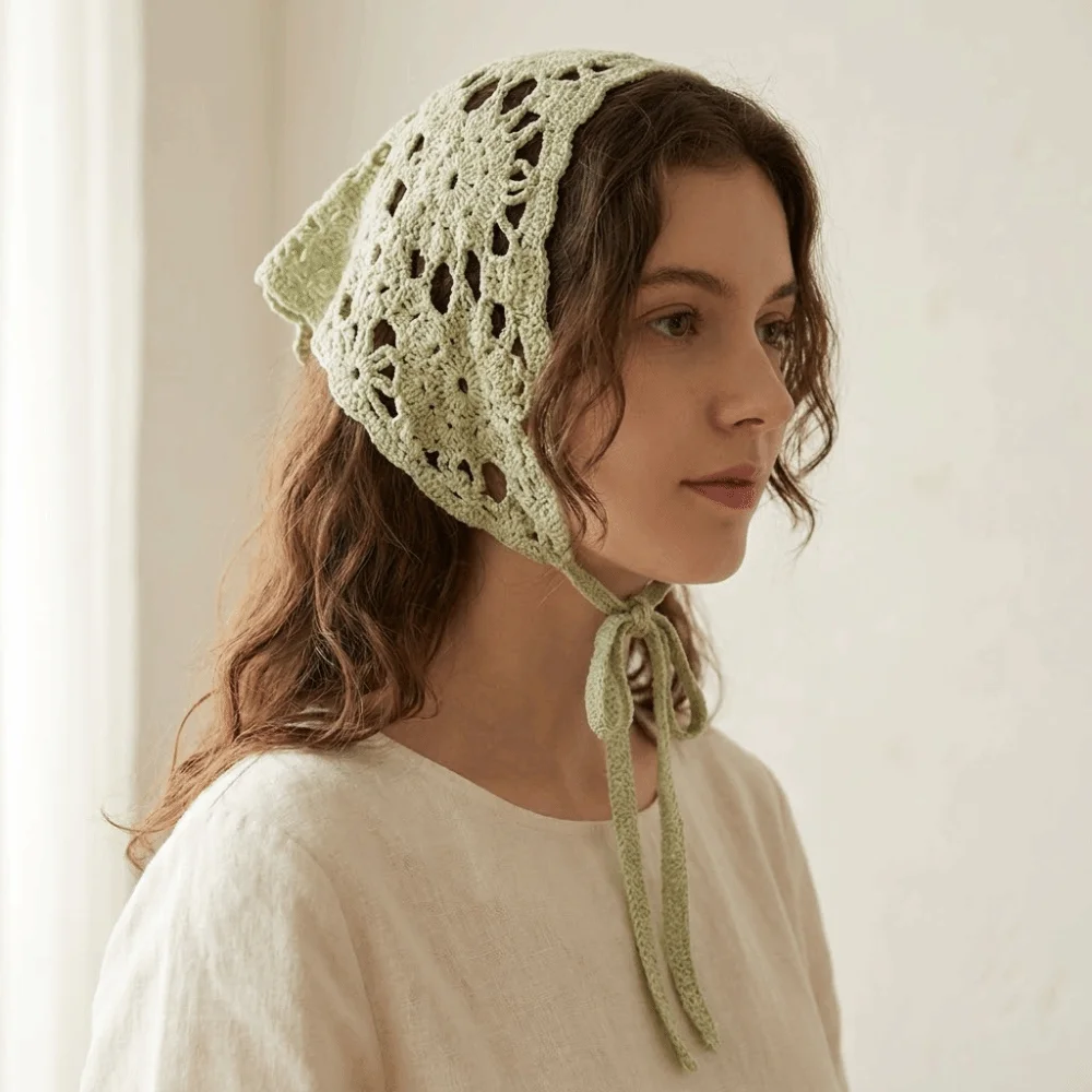Retro French Knitted Headband Floral Bohemian Women Hair Scarf Pastoral Style Handmade Hollow Out Hair Band Summer