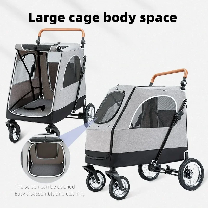 A versatile pet stroller dened for large dogs, featuring an adjus handle. Ideal for pet cers and travel needs.
