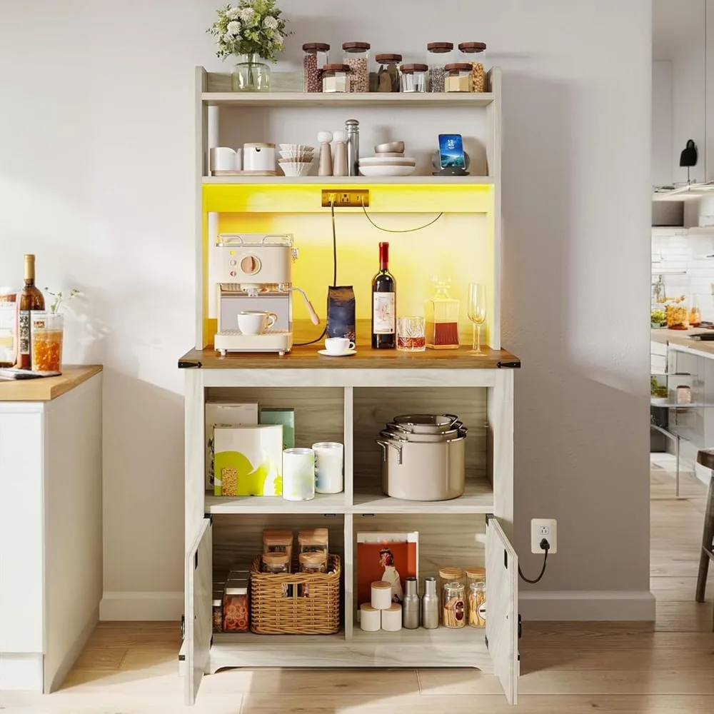 Bakers Rack Cabinet, Microwave Stand with Power Outlet & RGB LED Lights, Farmhouse Coffee Bar Station with Storage, 5-Tier Kitc
