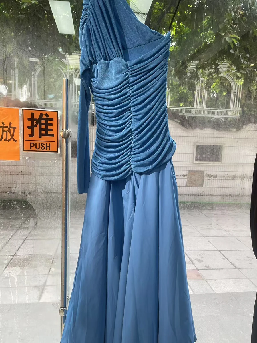 VGH Solide Slim Fit Elegante Abendessen Kleider Für Frauen Diagonal Einzelnen Schulter Hülse Hohe Taille Chic Falten Kleid Weibliche Mode