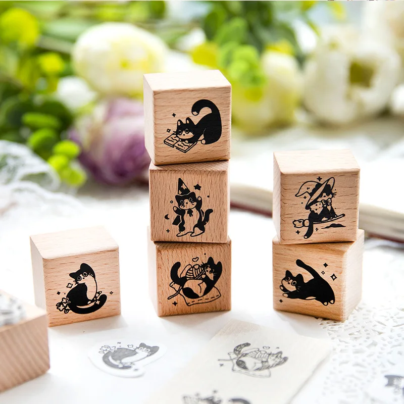 1Pc Cute Little Black Cat Decoration Stamp Retro Wooden Rubber Stamps for Scrapbooking Stationery Diy Craft Standard Seal
