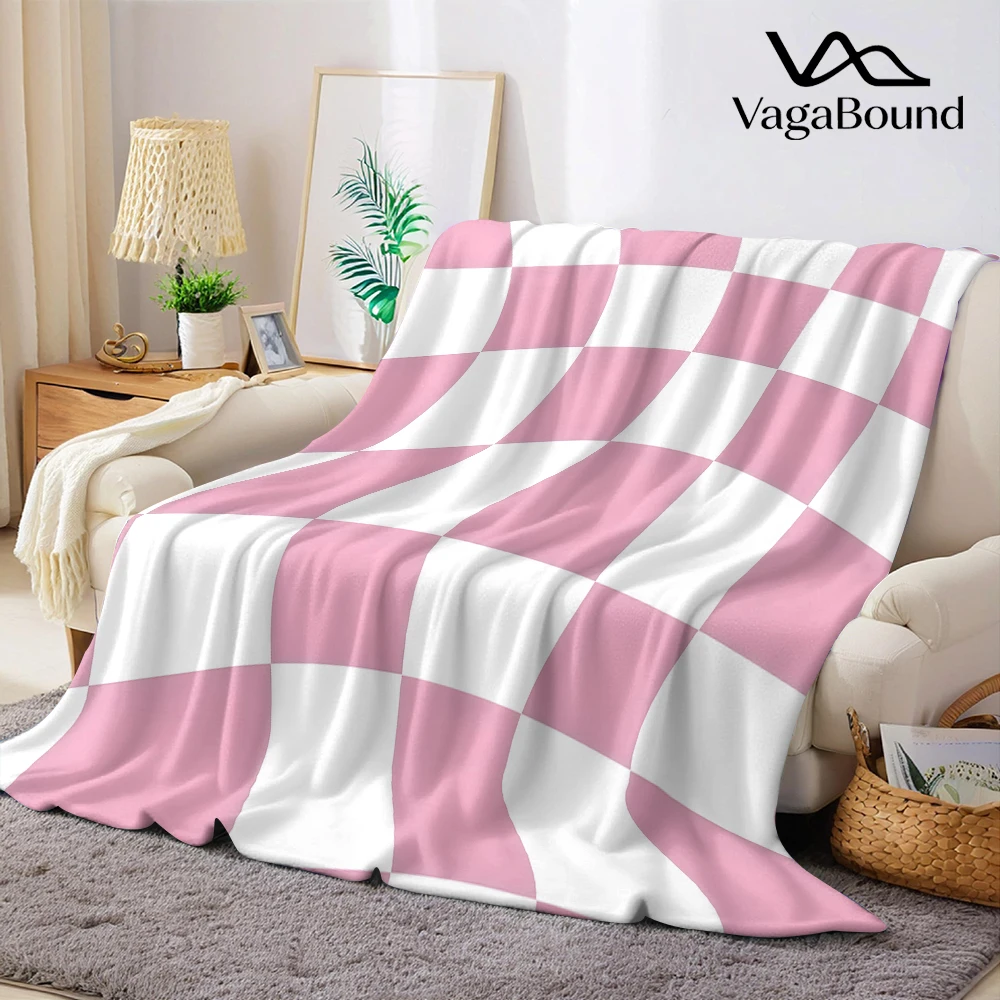 Pink White Warped Checker Flannel Blanket Warm Soft Halloween Christmas Decorative Couch Warm Cozy All-Season Gift