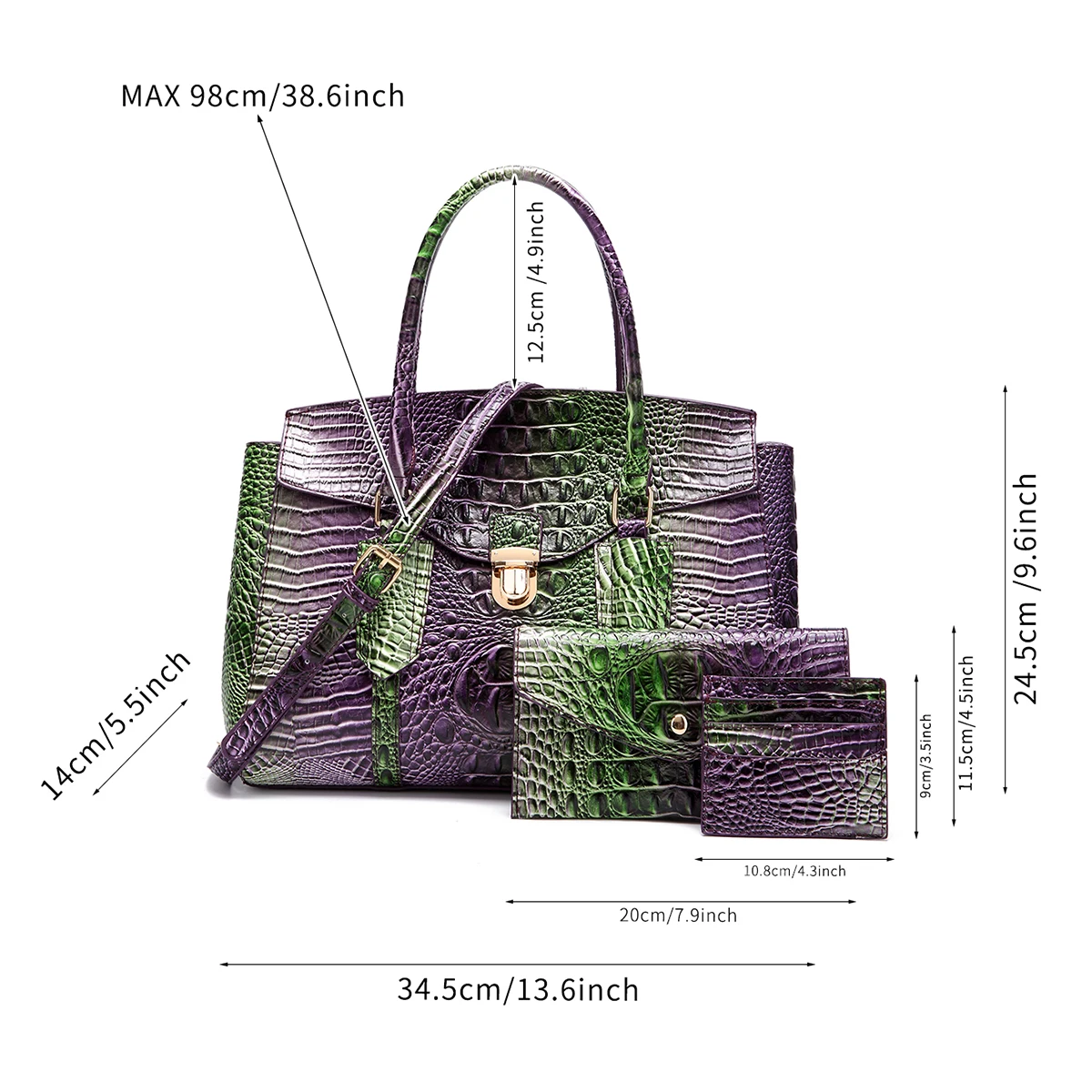 Fashionable, Minimalist, Avant-Garde Iridescent Crocodile Embossed Leather Set - High-End Luxury Handbag, Stylish Envelope Clutc