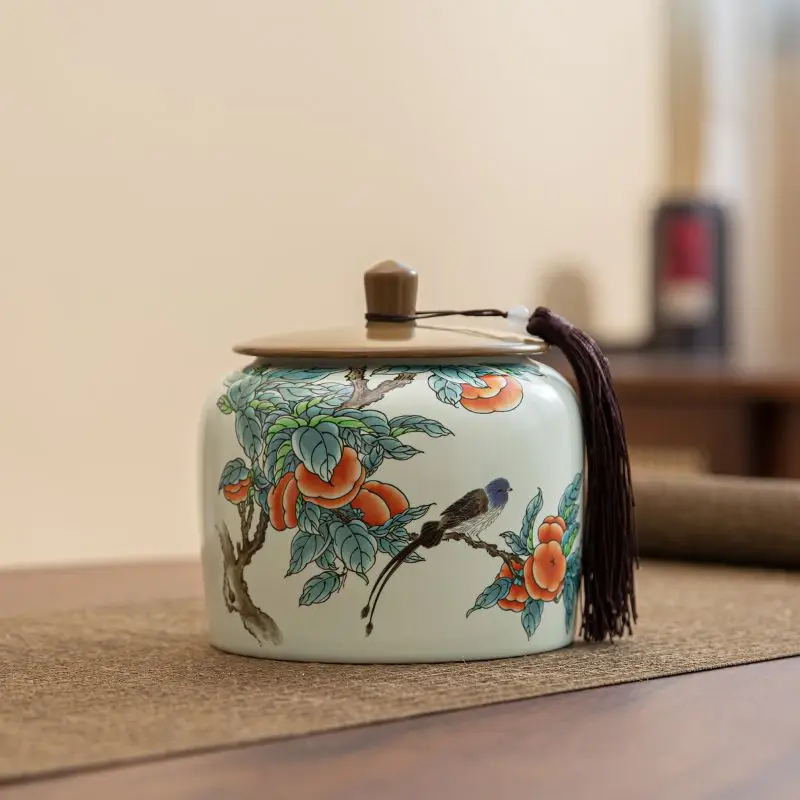 Ceramics Persimmon Storage Jar Flower Bird Decoration Candy Jar Multifunctional Food Medicinal Herb Storage Box Home Decoration