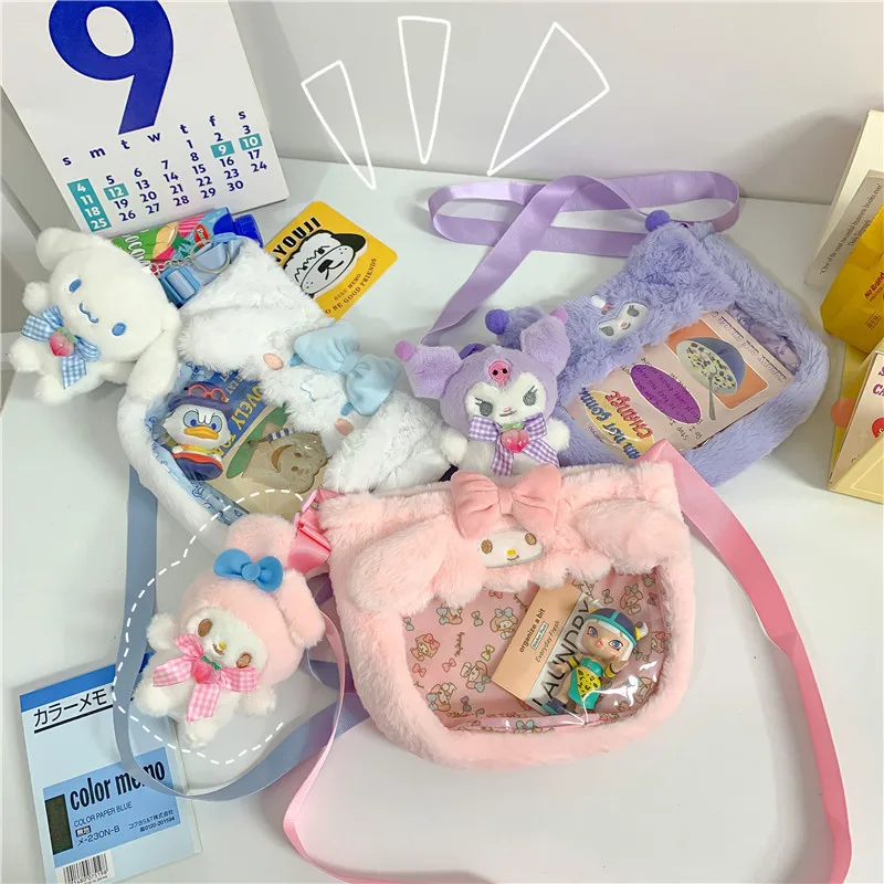 Kawaii Sanrio pluszowe torby Cinnamoroll melodia Kuromi torba Crossbody kreskówka przezroczysta torebka pluszowa Hello Kitty wypchana Backpac