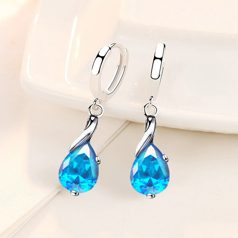 925 Sterling Silver New Woman Fashion Jewelry High Quality Blue Crystal Zircon Water Drop Mid-length Hot-selling Earrings