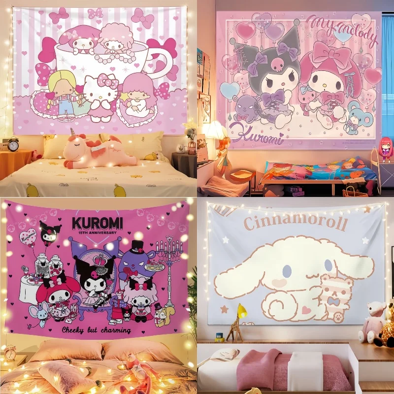 

Sanrio Tapestry Wall Background Cloth Hello Kitty Comic Kawaii Dormitory Bedhead Decoration Hanging Cloth Kuromi Room Accessory