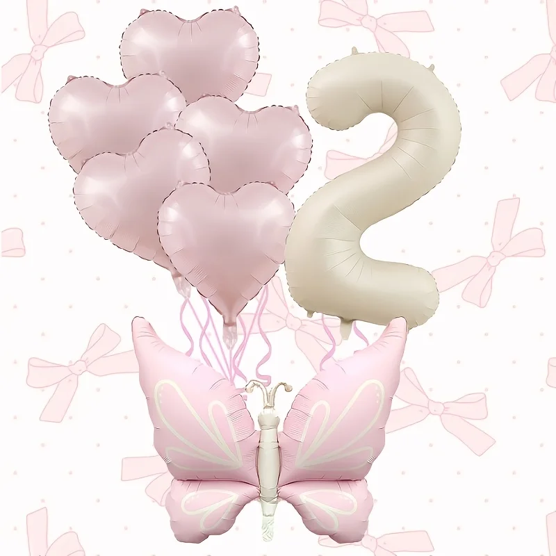 1Set Matte Pink Butterfly Pink Heart Shaped Balloon 32inch Cream Number Foil Balloons for Birthday Party Anniversary Decoration
