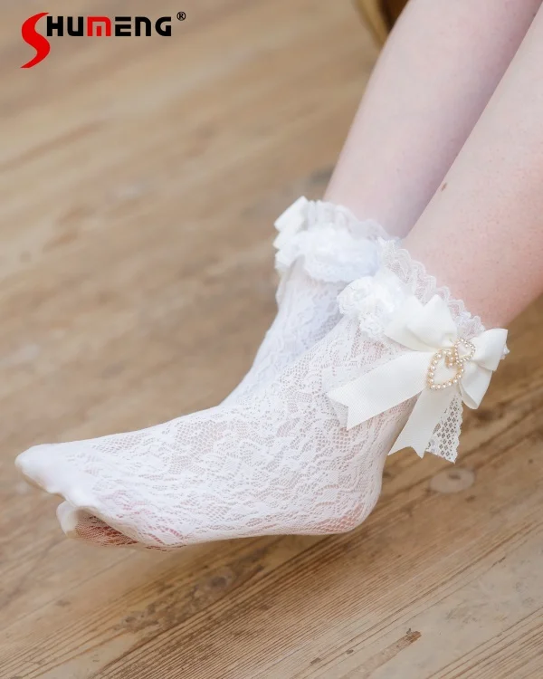 Sweet Lolita Knee-high White Socks with Pink Bow Japanese Girl Handmade Bow Pearl Heart Pendant Lace Mid-Calf Kawaii Black Socks