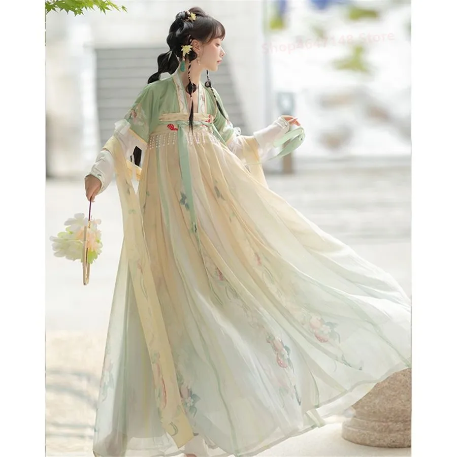 

L Chinese Hanfu Dress Women Costume Party Dress Vintage Tang Dynasty Beige Hanfu Plus Size hanfu women