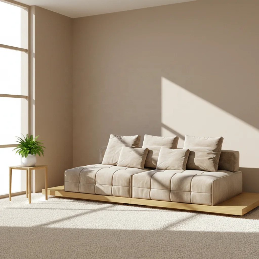 #Minimalist Wabi-Sabi Modular Sofa Square Stitched Cushion No Armrest with Wooden Base Plush Pillows for Living Room Small Space