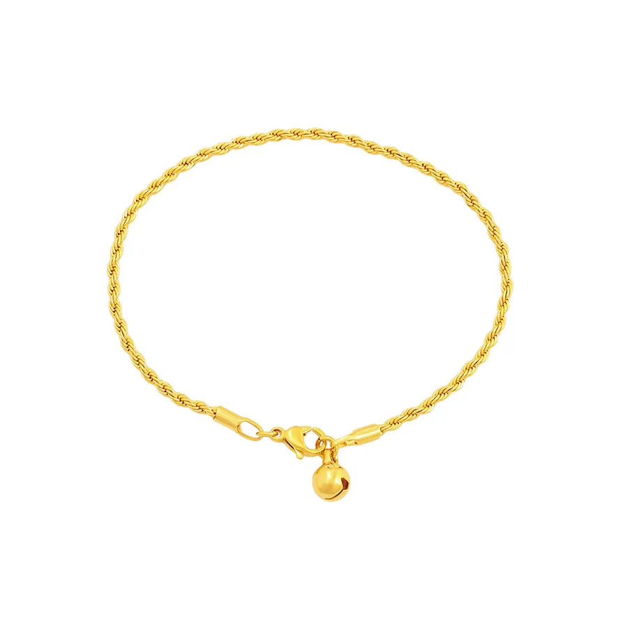 MxGxFam ( 18 cm x 2 mm ) Small Bell Rope Chain Bracelets For Women Men Pure Gold Color High Quality