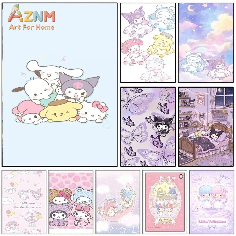 Sanrio Characters Cinnamoroll Kuromi My Melody Canvas Poster Cute Cartoon Print Unframed Canvas Art Butterfly Cloud Star Kawaii