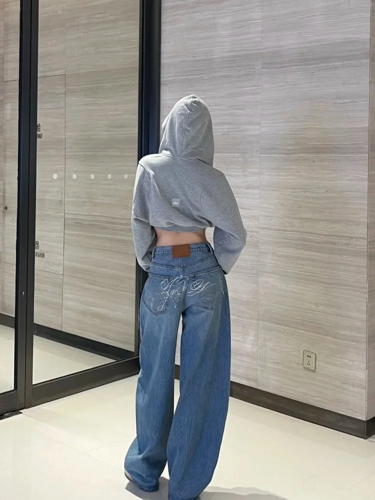 

High Waist Straight Leg Jeans Women's Embroidered Letter Wide Leg Long Pants Sexy Girl Knife Denim Casual Style Blue